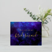 私の花嫁のメイドになってくれないか。宇宙ネイビー金ゴールドスクリプト 箔招待状ポストカード (立ち正面)