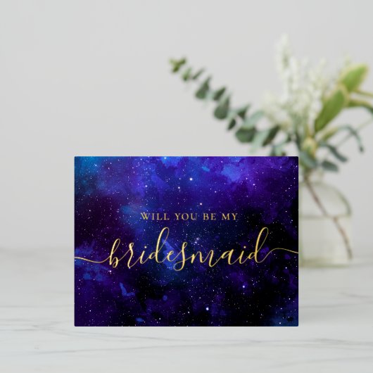 私の花嫁のメイドになってくれないか。宇宙ネイビー金ゴールドスクリプト 箔招待状ポストカード (立ち正面)