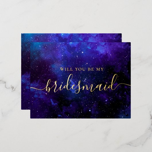 私の花嫁のメイドになってくれないか。宇宙ネイビー金ゴールドスクリプト 箔招待状ポストカード (正面/裏面)