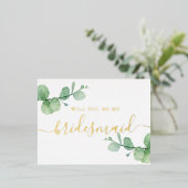 私の花嫁のメイドになってくれないか。金ゴールドエレガントユーカリ 箔招待状ポストカード (立ち正面)