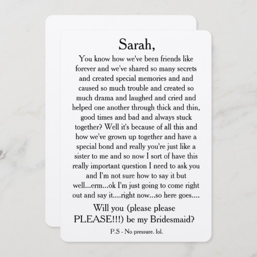 私の花嫁のメイドになってくれない？カスタム文字カード 招待状 (正面/裏面)