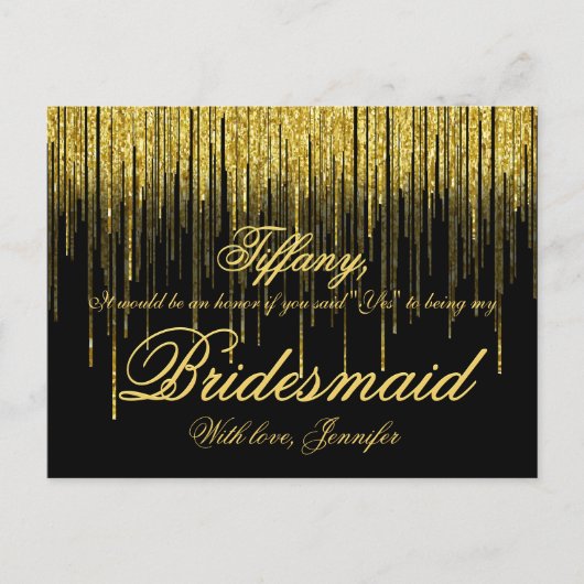 私の花嫁のメイドになってくれない?ゴールデン紙吹雪グリッター インビテーションポストカード (正面)