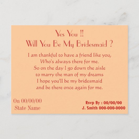 私の花嫁のメイドになりましょメイド・オブ・オーナー（花嫁付き添い人）... インビテーションポストカード (裏面)