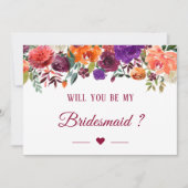 私の花嫁の介添人になってくれますか ワインレッド オレンジ 花柄 招待状 (正面)