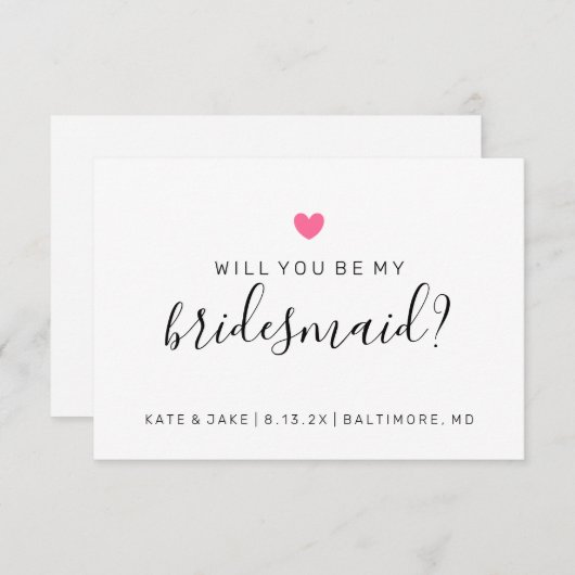 私の花嫁の付き添いの濃いピンクのハート 招待状 (正面/裏面)