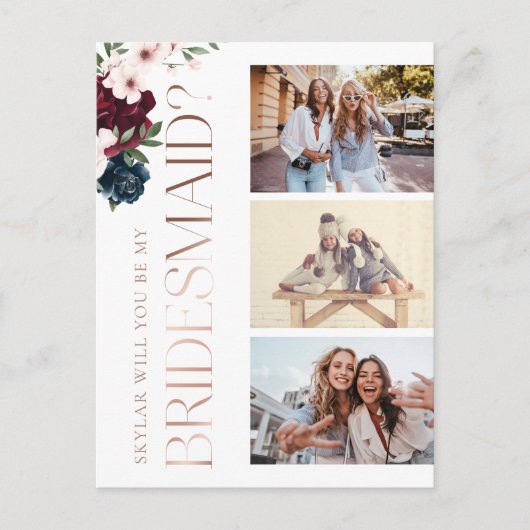 私の花嫁の赤と海軍の花模様の写真 インビテーションポストカード (正面)