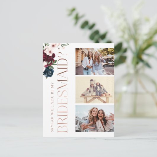 私の花嫁の赤と海軍の花模様の写真 インビテーションポストカード (スタンド正面)