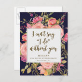 私の花嫁カードbohoフローラネイビー インビテーションポストカード (正面/裏面)