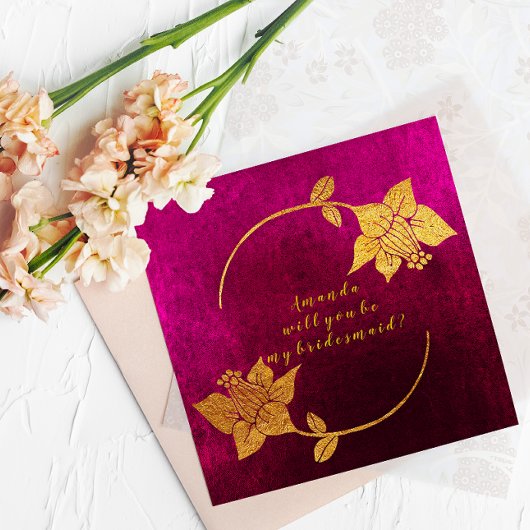 私の花嫁ピンクの明るい赤紫色ベルベットの金ゴールド 招待状