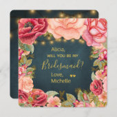 私の花嫁フローラピンクのネイビー金ゴールドか 招待状 (正面/裏面)