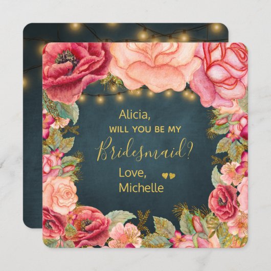 私の花嫁フローラピンクのネイビー金ゴールドか 招待状 (正面/裏面)