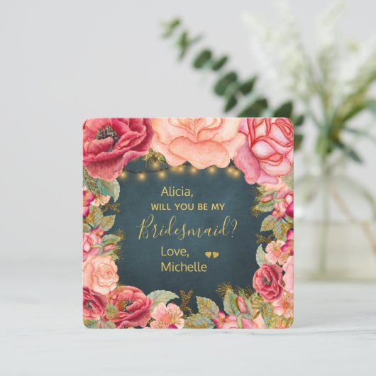 私の花嫁フローラピンクのネイビー金ゴールドか 招待状 (スタンド正面)