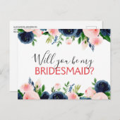 私の花嫁メイドのネイビーブルーピンクのフローラ 案内ポストカード (正面/裏面)