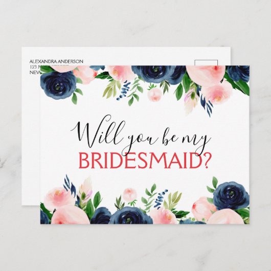私の花嫁メイドのネイビーブルーピンクのフローラ 案内ポストカード (正面/裏面)