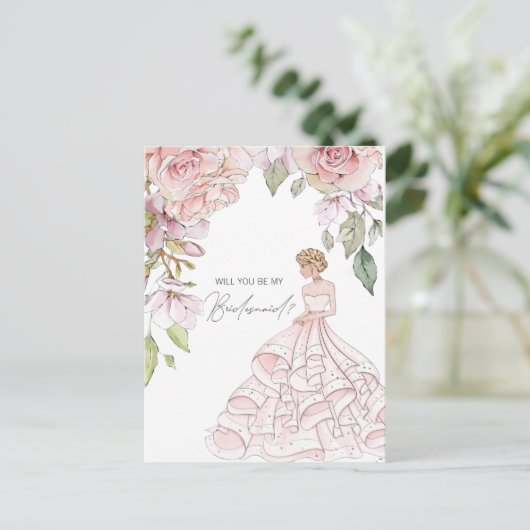 私の花嫁メイドの赤面ピンクフローラか インビテーションポストカード (スタンド正面)