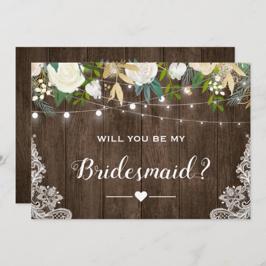 私の花嫁付添人になってくれる？　素朴でロマンチックな花のデザイン 招待状 (正面/裏面)