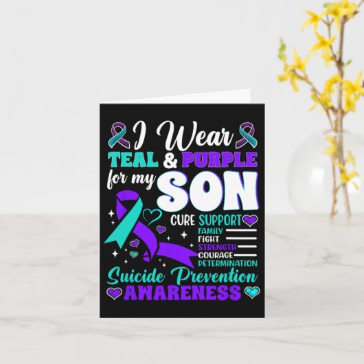 私の衣服ティール（緑がかった色）と紫の私の息子の自殺の予防 カード (黄色い花)