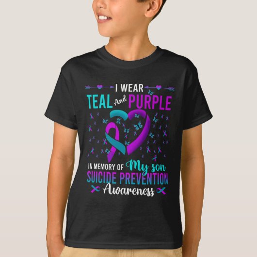 私の衣服ティール(緑がかった色)紫のための私の息子の自殺の予防A Tシャツ (正面)