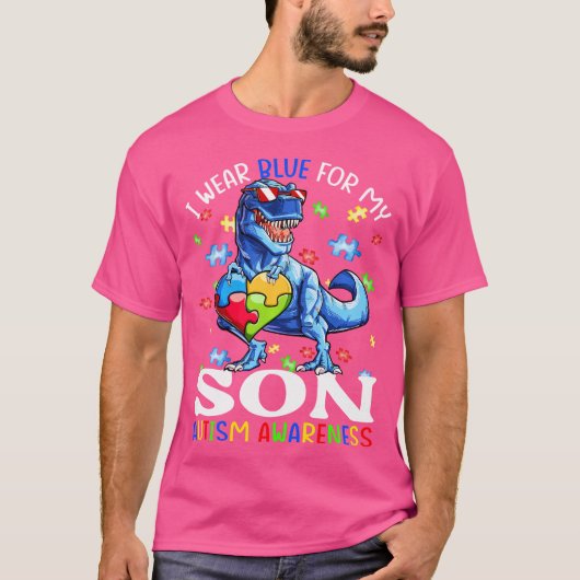 私の衣服ブルー私の息子の自閉症意識の恐竜B Tシャツ (正面)
