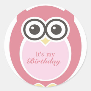 私の誕生日スタンプかわいいピンクのフクロウの漫画 ラウンドシール