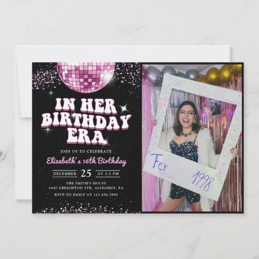 私の誕生日時代ピンク紫の誕生日写真 招待状 (正面)