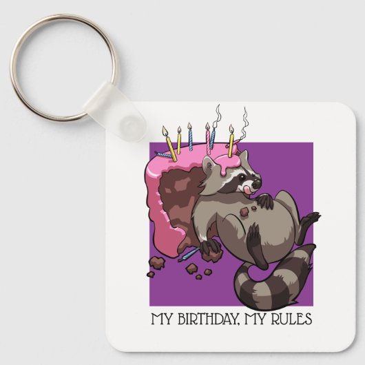 私の誕生日私のルールケーキ食べ物のラクーン漫画 キーホルダー (正面)
