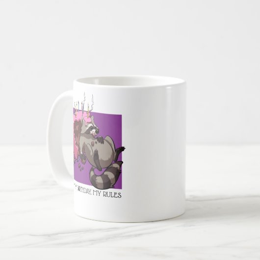 私の誕生日私のルールケーキ食べ物のラクーン漫画 コーヒーマグカップ (正面左)