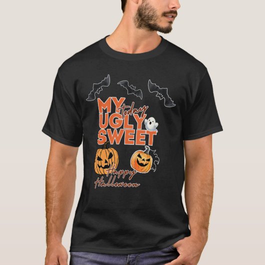 私の醜い甘いハロウィーン今日、こうもり、カボチャ Tシャツ (正面)
