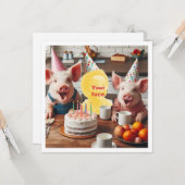 私の顔を写真に入れて、豚の誕生日パーティー カード (正面/裏面インサイチュ)