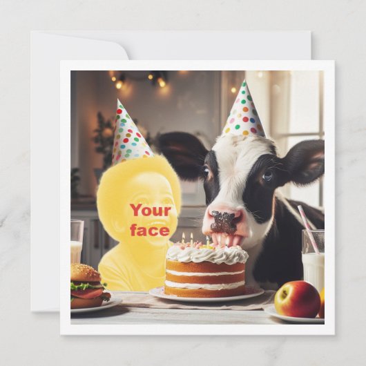 私の顔を写真に貼り付けて、牛の誕生日パーティー カード (正面)