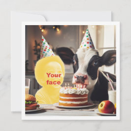 私の顔を写真に貼り付けて、牛の誕生日パーティー カード