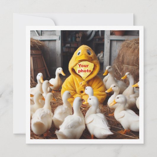 私の顔を写真に載せて、カードのイラストの鴨と子供と一緒に カード (正面)