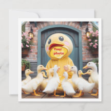 私の顔を写真に載せて、カードのイラストの鴨と子供と一緒に