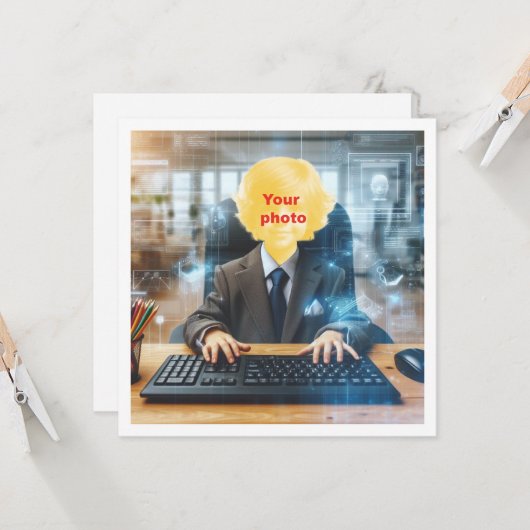 私の顔を写真に載せて、コンピューター好き、天才 カード (正面/裏面インサイチュ)