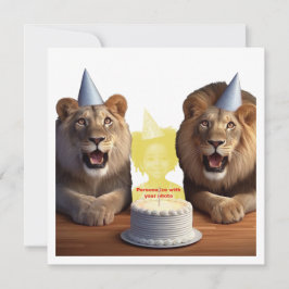 私の顔を写真に載せて、ライオンと子供のカードを作って カード