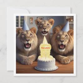 私の顔を写真に載せて、ライオンと子供のカードを作って カード