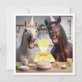 私の顔を写真に載せて、馬と子供 カード