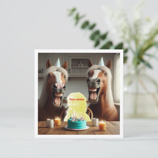 私の顔を写真に載せて、馬と子供 カード (スタンド正面)