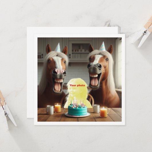 私の顔を写真に載せて、馬と子供 カード (正面/裏面インサイチュ)