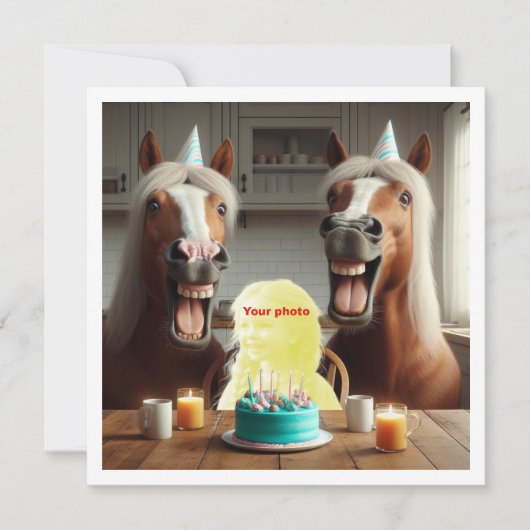 私の顔を写真に載せて、馬と子供 カード (正面)