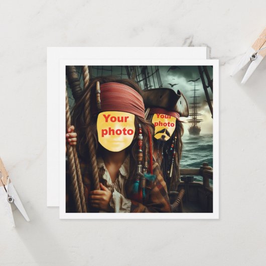 私の顔を写真に載せて、2人の海賊が船に乗って カード (正面/裏面インサイチュ)