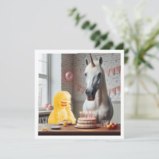 私の顔を写真に、ユニコーンと子供と一緒に カード (スタンド正面)