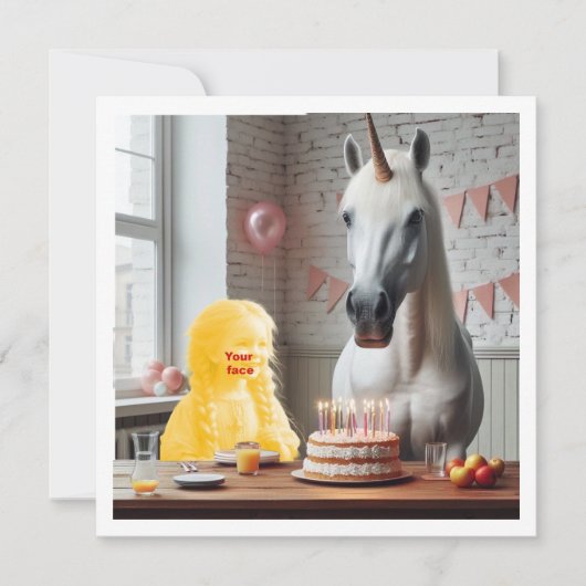 私の顔を写真に、ユニコーンと子供と一緒に カード (正面)
