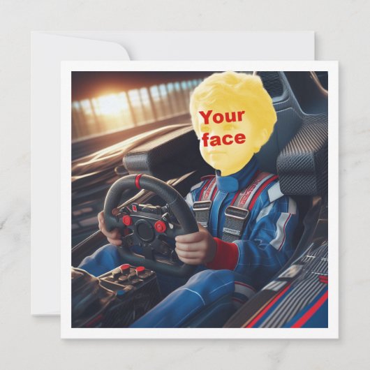 私の顔を、フォーミュラ1のレーシングカの絵に合成して。 カード (正面)