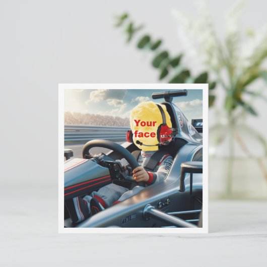 私の顔を、フォーミュラ１のレーシングカーの絵に合成して。 カード (スタンド正面)