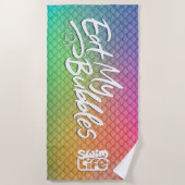 「私の食べ泡」が虹を泳ぐはかりで測 ビーチタオル (正面)