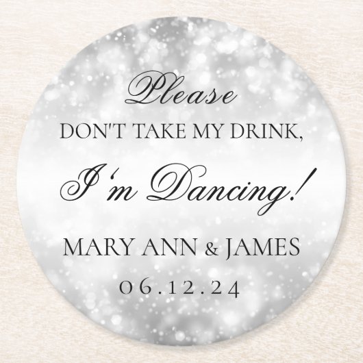 私の飲み物を取らないで下さい! きらめくライトに銀を着せて下さい ラウンドペーパーコースター (正面)