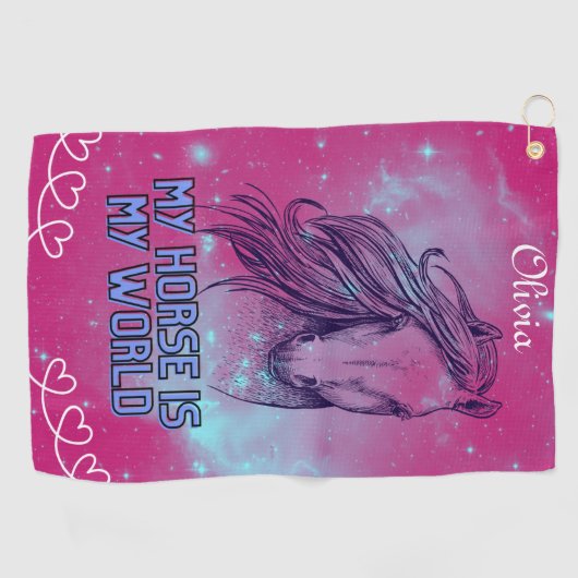 私の馬は私の世界マゼンダだ ゴルフタオル (横)