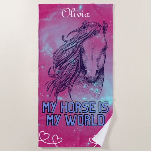 私の馬は私の世界マゼンダだ ビーチタオル (正面)