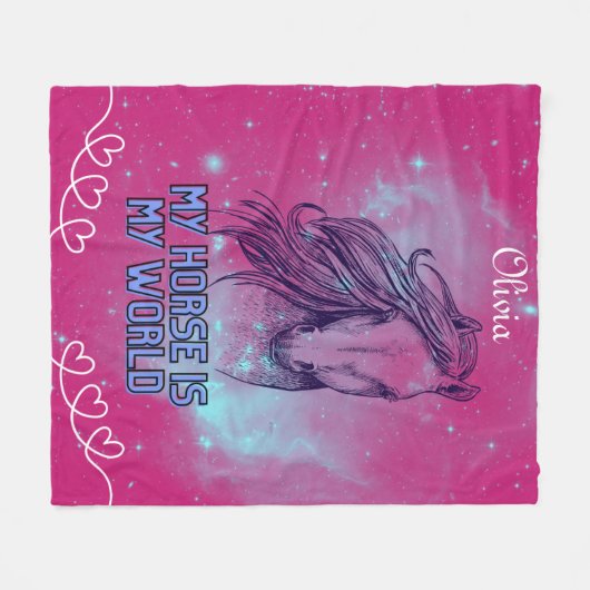 私の馬は私の世界マゼンダだ フリースブランケット (正面(横))